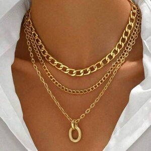 14K Gold Filled Gold Multi-Layer Curb Chain Necklace with Textured Oval Pendant